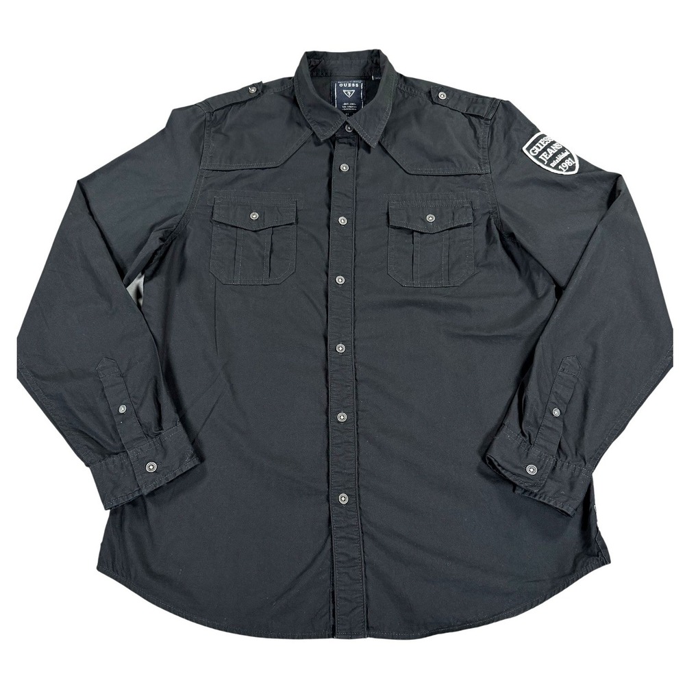 GUESS Jeans Men's L Black Western Button Up Shirt Long Sleeve Patch Pockets
